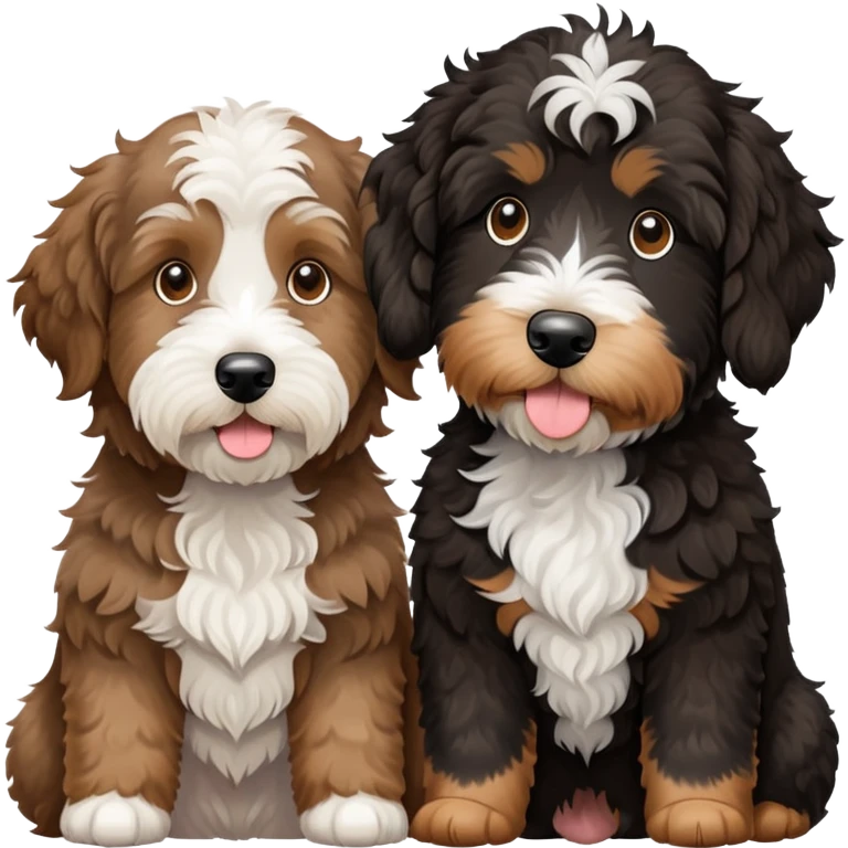 2 dogs: one light brown Aussiedoodle, one all-black Bernedoodle with white eyebrows some white markings, no brown coloring. Both same size. emoji
