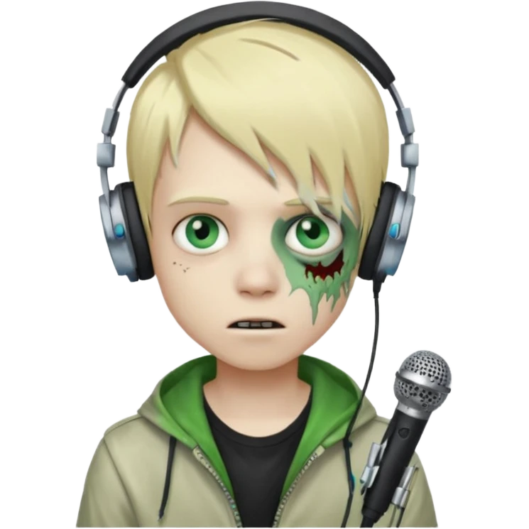 boy zombie whit blonde emo hair and eyes blue and green skin and heandphones and a microfone emoji