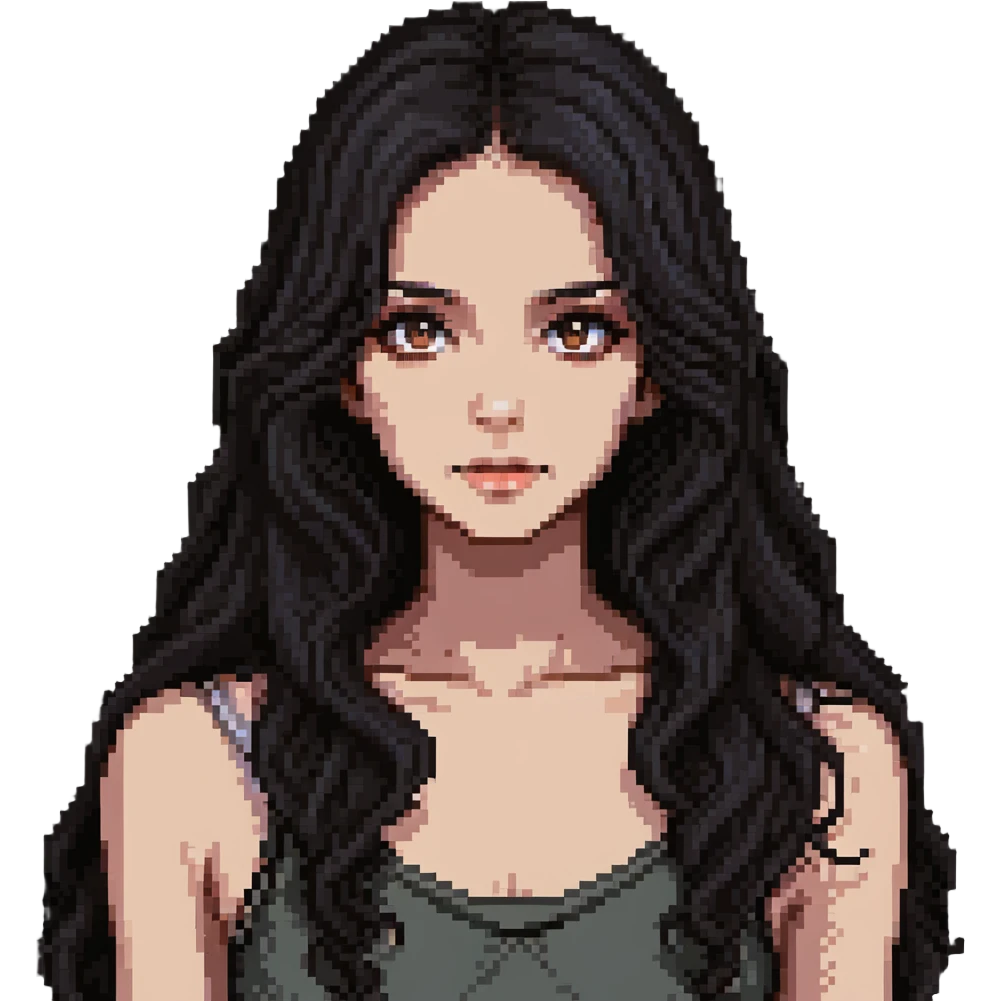 strong girl with brown eyes, flesh-colored skin, long slightly wavy black hair emoji