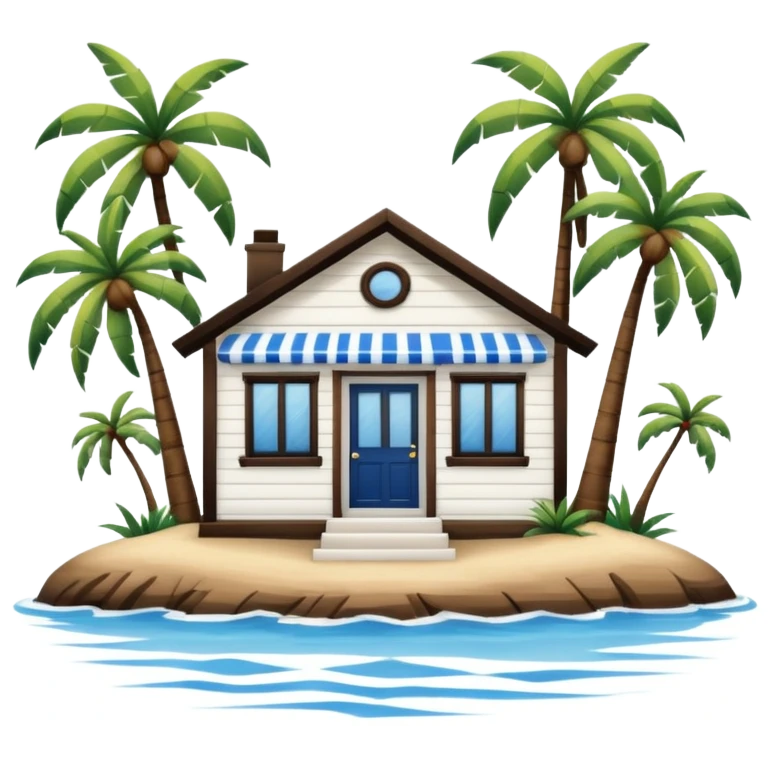 A full square no roof  white and blue stripe house horizontally with brown wooden door on a island with palm trees  emoji