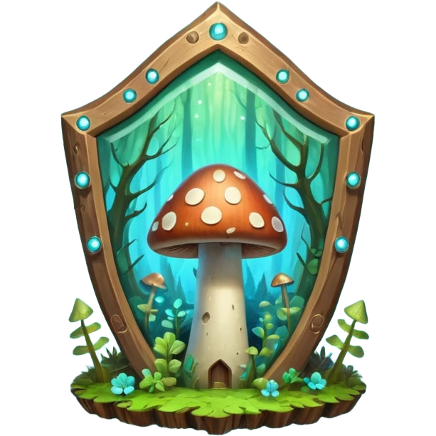 magical mushroom shield object icon, shield crafted from mushroom bark, glowing spores, fantasy forest design, soft green-blue aura, 3D cartoon, mobile game icon style, centered, clean background, no text, no watermark
 
 emoji