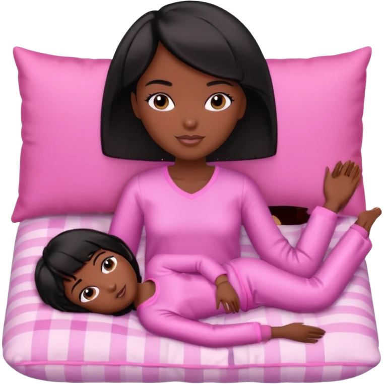 Dark skin Black barbie, short  black bob  hair, pink pajamas laying on pillow just me  emoji