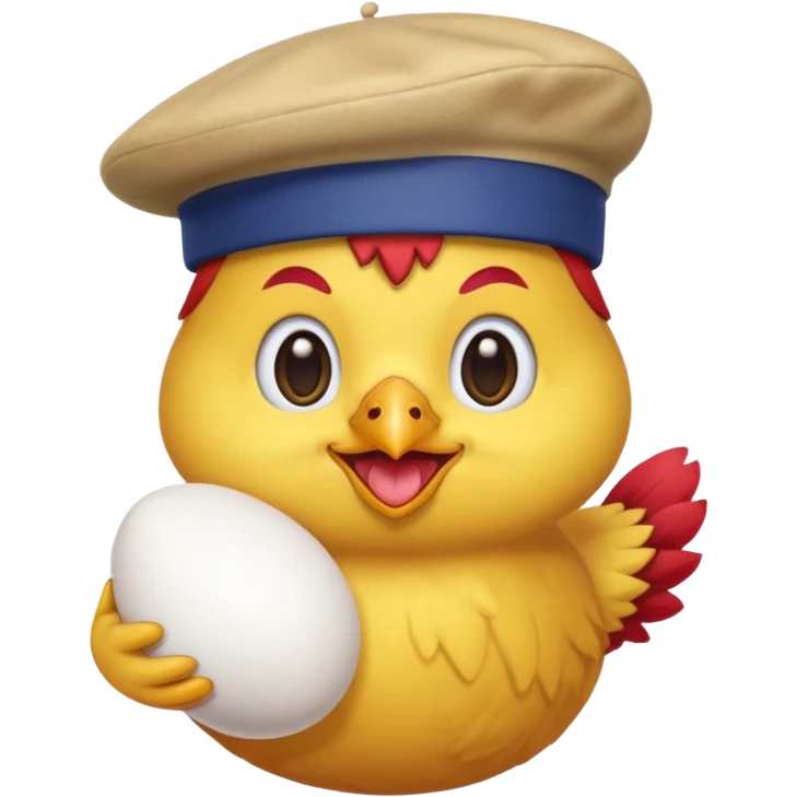 chicken wearing a French beret holding an egg, emoji style emoji