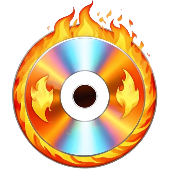 A CD disc with a fiery design, white fire emoji