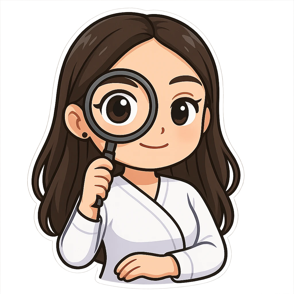 3D chibi bitmoji style sticker of the girl from the reference image, with long dark hair and wearing a white medical top, looking at the viewer through a magnifying glass, face close to the screen, one eye enlarged, with a white outline and transparent background. emoji
