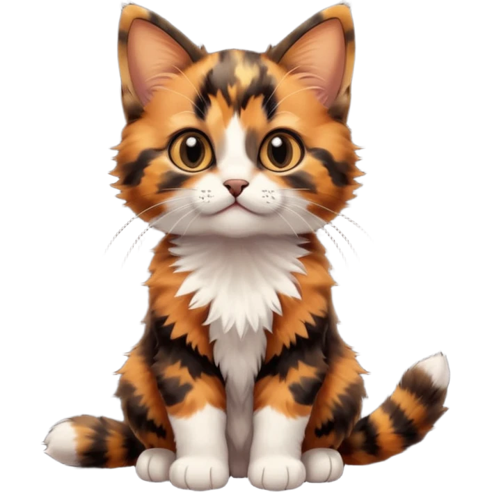A high-resolution photo-realistic digital illustration of a brown orange black multicoloured  tortoiseshell kitten, chest upward emoji
