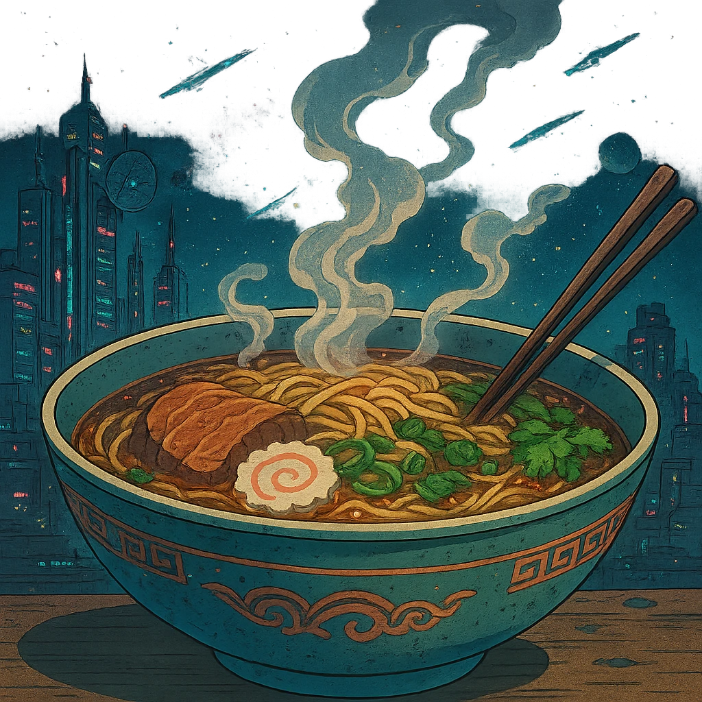 cyberpunk futuristic, space scifi, a bowl of delicious pho, ramen, piping hot emoji
