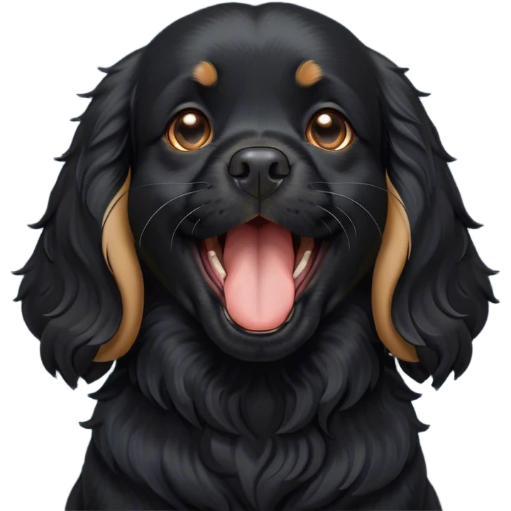 Cinematic Cute Yawning Black Cocker Spaniel Portrait Emoji, Head tilted slightly with a dramatic, wide-open yawn, showcasing a sleek black coat with subtle tan highlights, floppy ears slightly drooping, round dark eyes barely open in drowsy contentment, Simplified yet irresistibly adorable features, highly detailed, glowing with a soft, cozy glow, high shine, relaxed yet expressive, stylized with a touch of whimsy, bright and endearing, soft glowing outline, capturing the essence of a sleepy yet affectionate companion, so drowsy it feels like it could stretch out of the screen and curl up for a nap! emoji