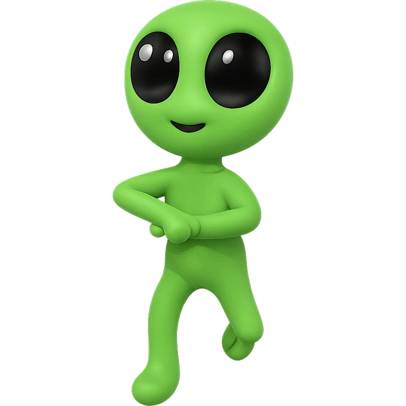 Create a neon green alien dancing, almost identical to the reference image, with minimal changes in the positions of arms and legs, looking straight ahead. This is frame 2 of an animation. PNG format with transparent background. emoji
