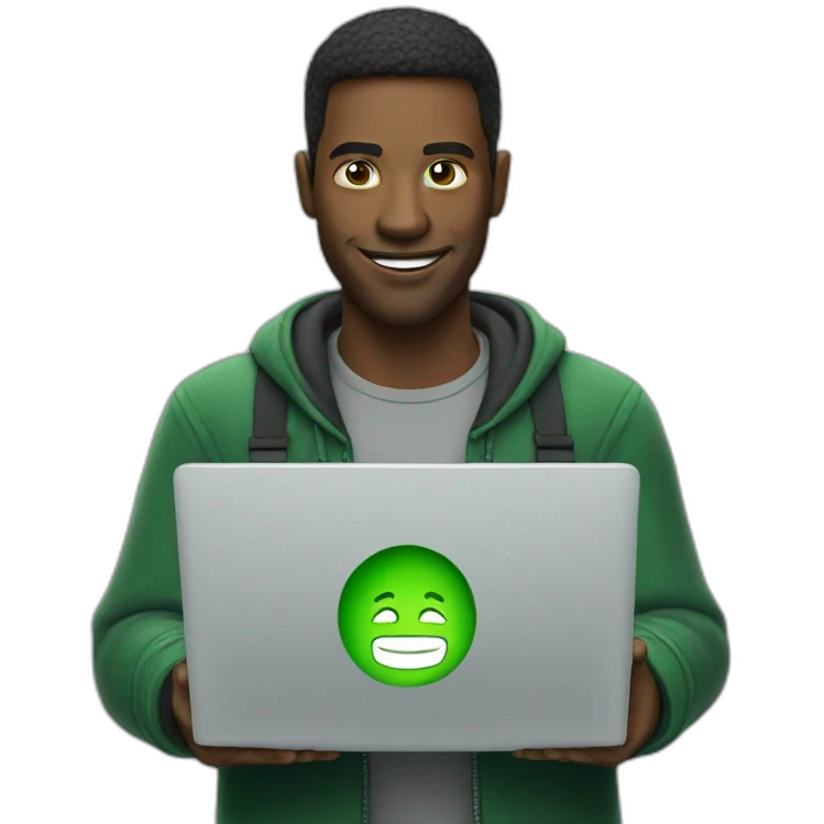 man, with a laptop, green stone logo on the laptop emoji
