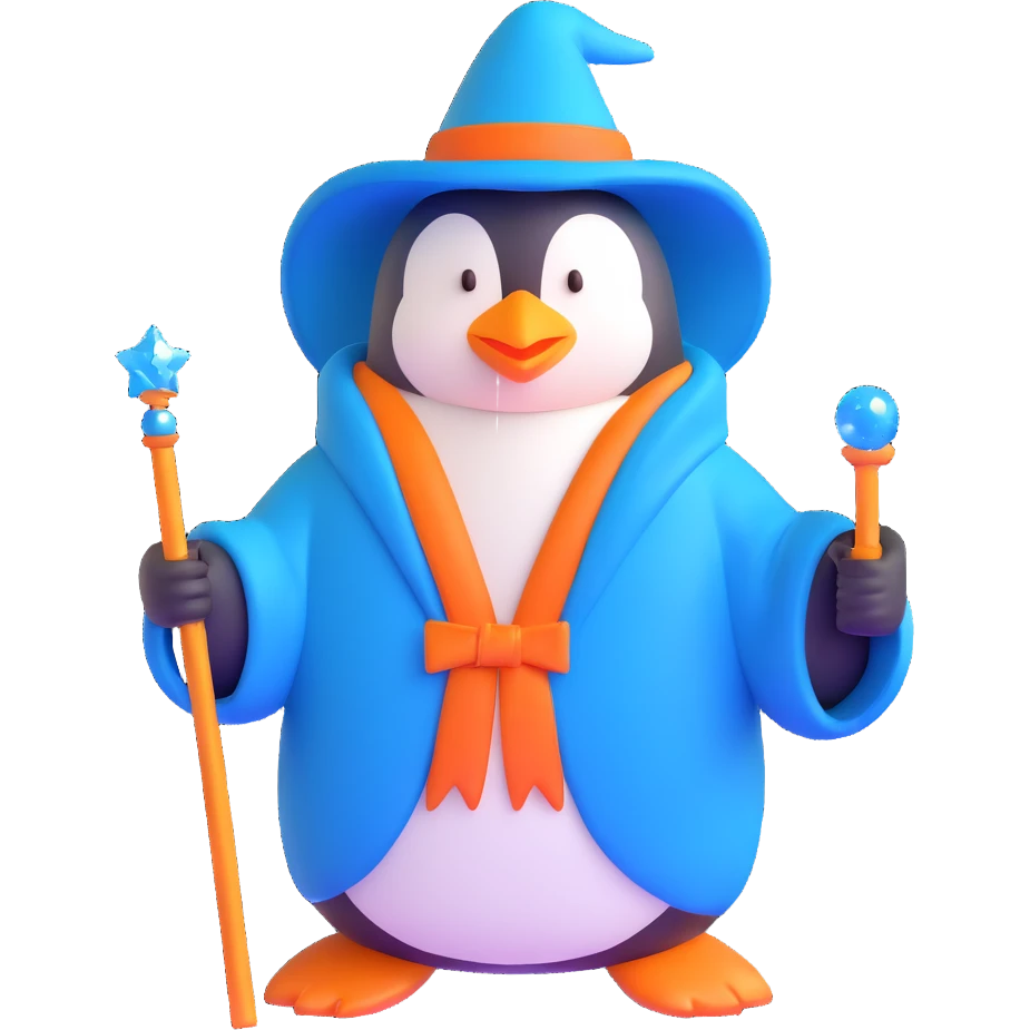 penguin wizard with a blue robe and sparkly wand emoji