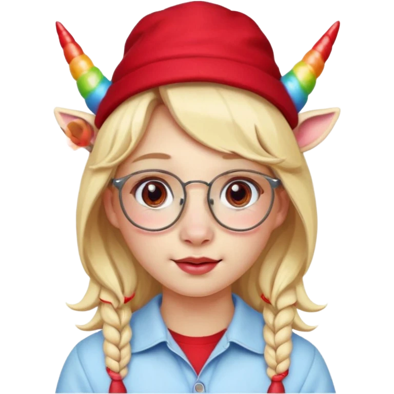 unicorn face cute wearing cute red hat, horn piercing through the hat looking in the camera, blond hair and spectacled. with big horn emoji