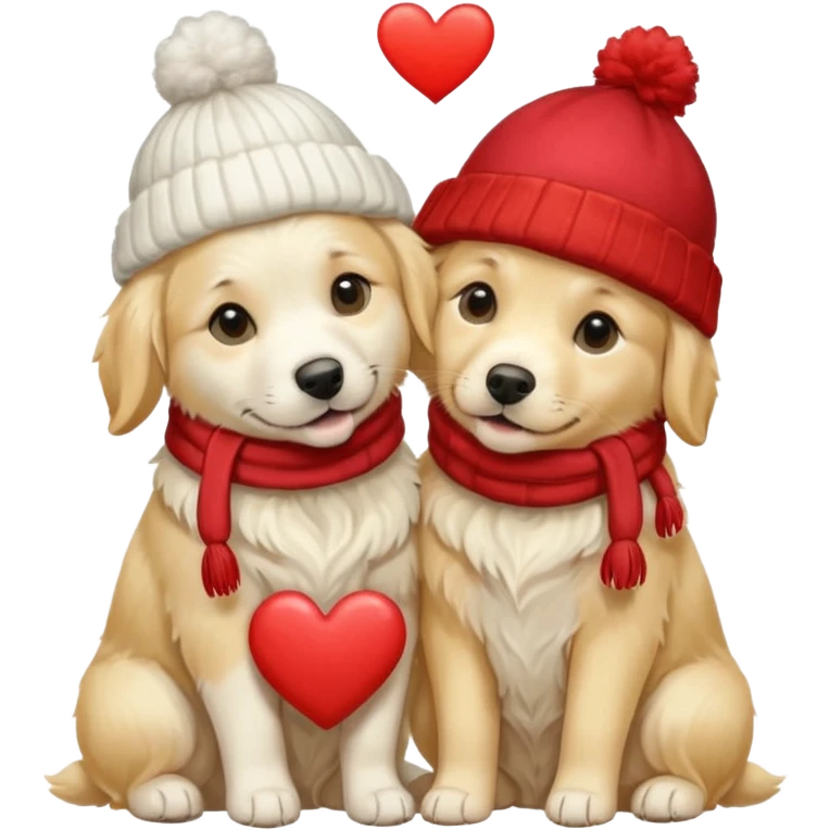 2 English cream golden retrievers cuddling with winter hats and heart in between them. Make them pale dogs . Less cartoon and no hands holding heart just a heart in between  emoji