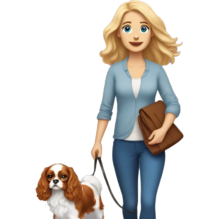 A white woman with blue eyes walks with a cavalier King Charles spaniel emoji