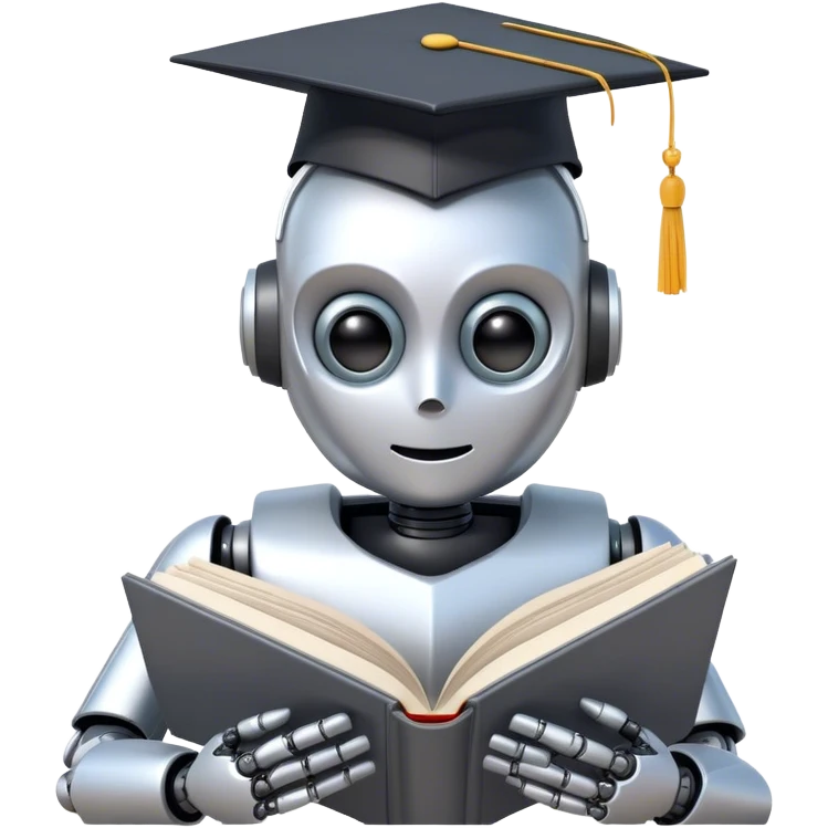Ai  robot reading a big book with graduation head emoji