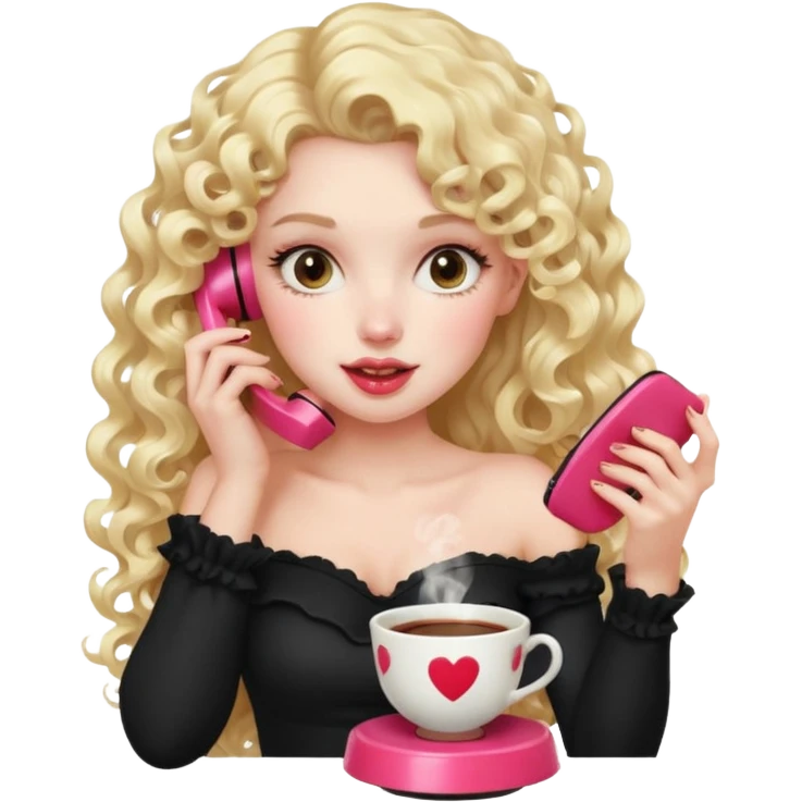 exaggerated features of woman with curly long blond hair, gossiping on a pink analogue phone, holding a tea cup, wearing an off-shoulder black top, red face emoji
