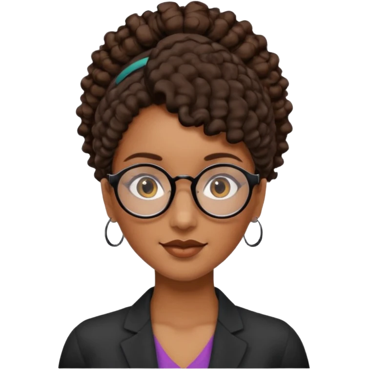 chica morena de ojos claros con gafas negras exagonales redondeadas. y pelo rizado castaño con todo el pelo recogido en una coleta .. Con todo el pelo recogido un clen look solamente una coleta emoji
