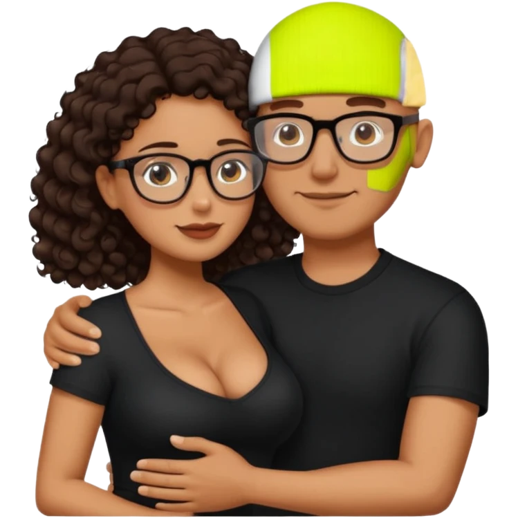 A picture of an embracing tanned couple. the man is a Mexican man with tanned skin, NO GLASSES, with a bald hair cut, short beard and wearing a black shirt. the woman is short with long curly dark brown hair and with big boobs. Put glasses on the woman.  emoji