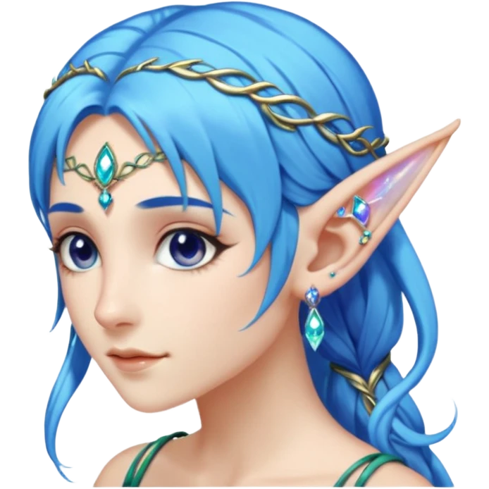 portrait of blue haired Elvish fae shiny sparkly iridescent translucent diaphanous ear climber ear cuff emoji