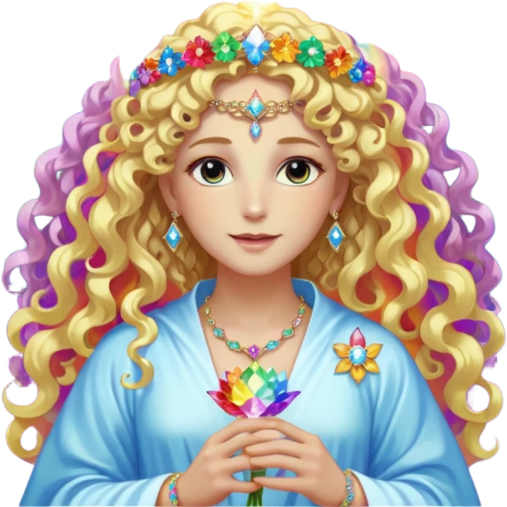 a being made of light pleidian nordic long faces and curly blond hair but beautiful features of light wearing jewels and a rainbow halo like a saint arount herwith a robe on made of light and diamonds semi transparent belly dancer and who is lanky holding a bouquet of crystal flowers on rainbow fire emoji