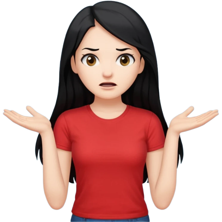 빨간색 티셔츠를 입고 긴 검정머리를 가진 여성이 모르겠다는 듯이 어깨를 올리고 고개를 갸우뚱한 제스처를 하고있음 🤷🏻‍♀️ emoji