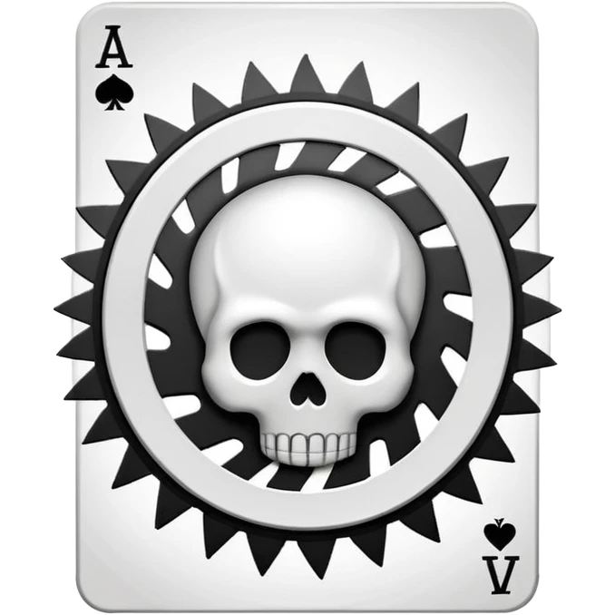playing card back design in emoji style, bold black and white spiral motif, mechanical sawblade and skull elements, clean and simple emoji look, no text emoji