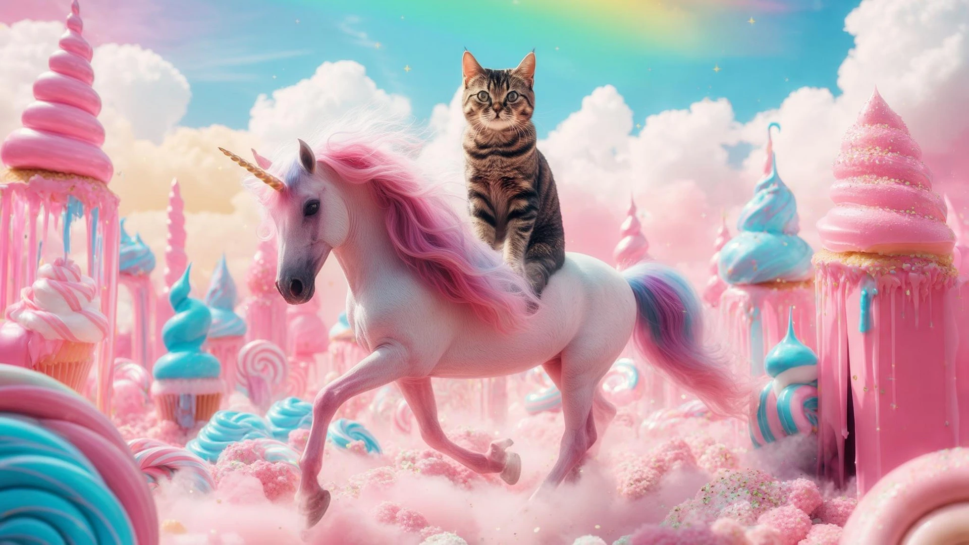 Cinematic still of a cat riding on unicorn around magic pink, and blue candy world, rainbow, dynamic shot emoji