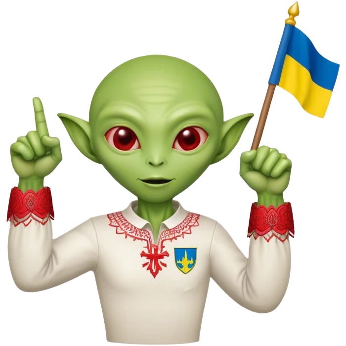 Green alien in Shirt 👚 vyshyvanka, white with red embodiary on sleeved, with 🇺🇦 Ukraine flag in a hand and 💪 emoji