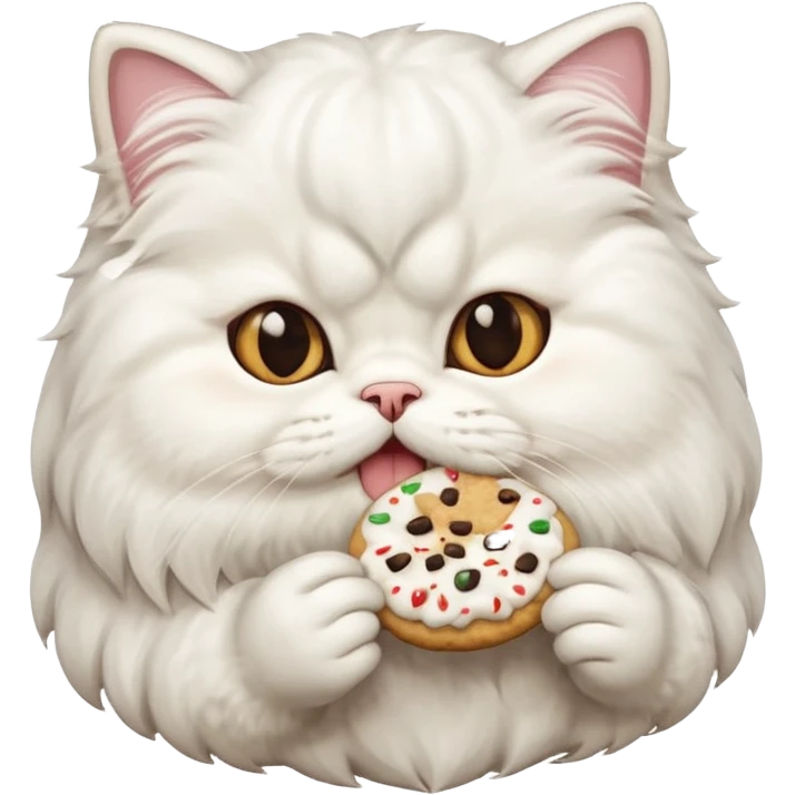 fluffy white Persian cat munching on a cookie, emoji style emoji