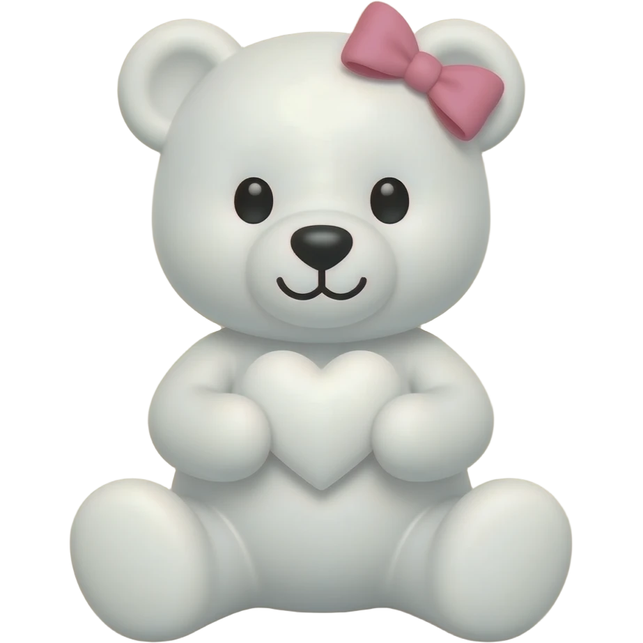 Osito blanco con un corazoncito blanco  ente sus manos  y un moño rosa en su cabeza pequeño con un fondo beige emoji