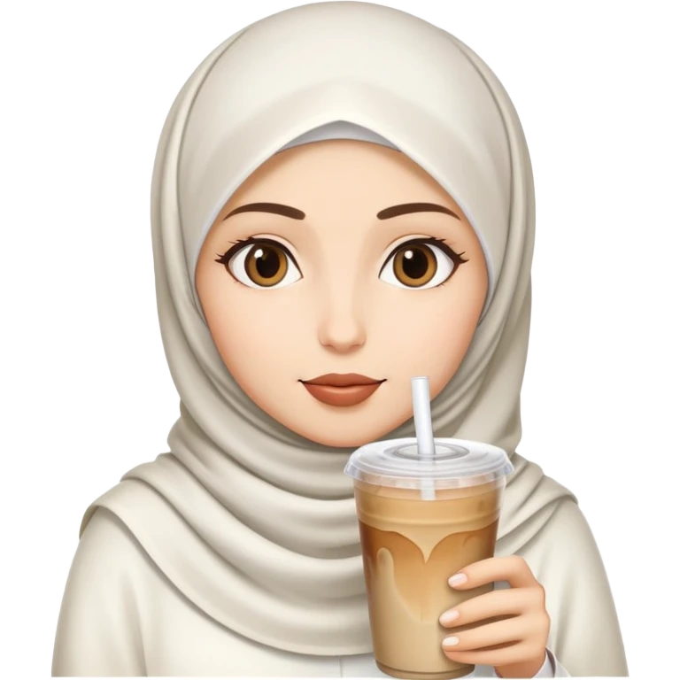 White hijab girl drinking iced coffee emoji