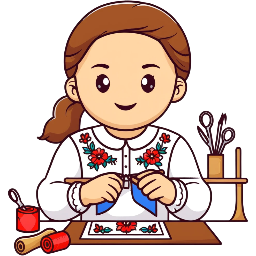 Ukrainian young girl wearing a white traditional embroidered shirt (vyshyvanka) smiling and holding sewing tools emoji