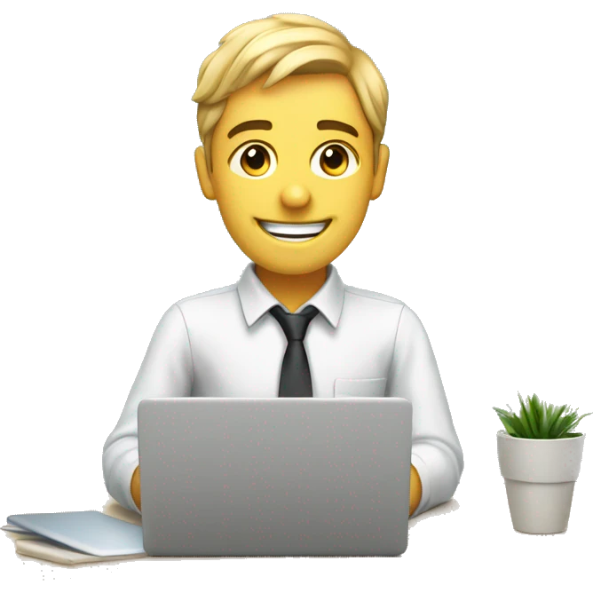 Office boy who does coding on his laptop with happy environment emoji