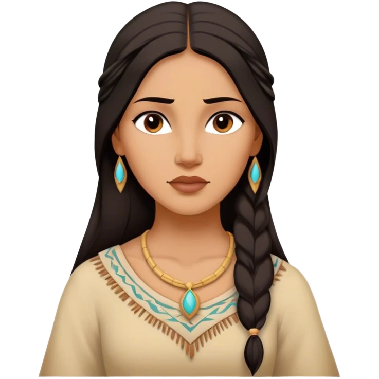 Cinematic Serene Pocahontas Portrait Emoji, rendered in a realistic, simplified vector style. Depict a gentle Pocahontas (chest and above) with warm, glowing skin, loosely flowing dark hair, and a calm, reflective expression, wearing modest traditional attire in earthy hues. The image is bathed in a soft, inviting glow with high shine and a soft glowing outline. emoji