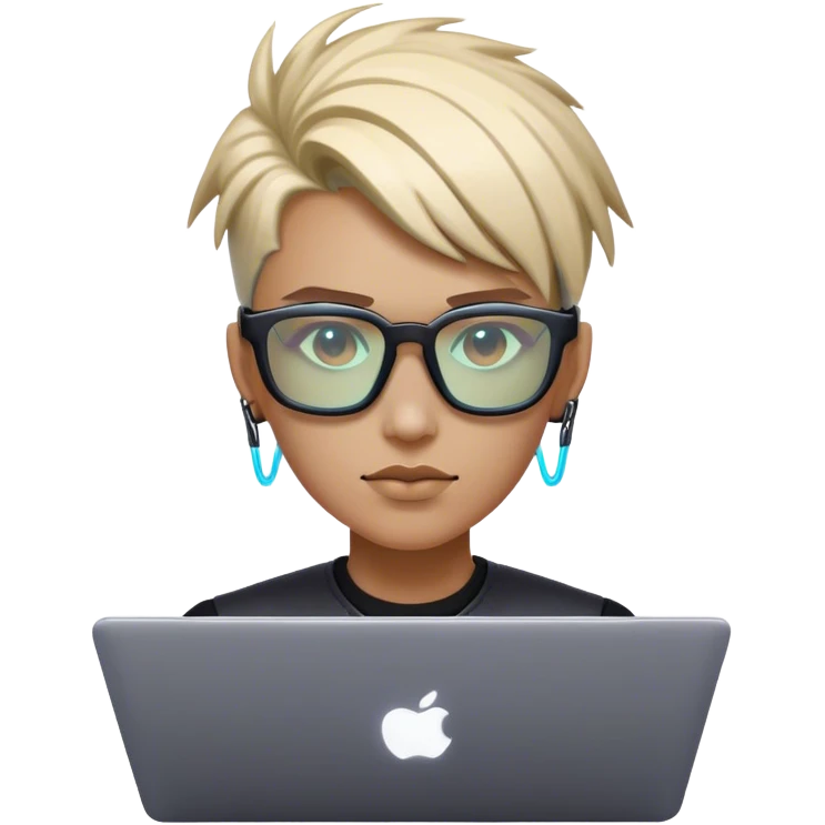 An emoji of a person with a laptop, but wearing cyberpunk glasses and with a slight neon glow emoji