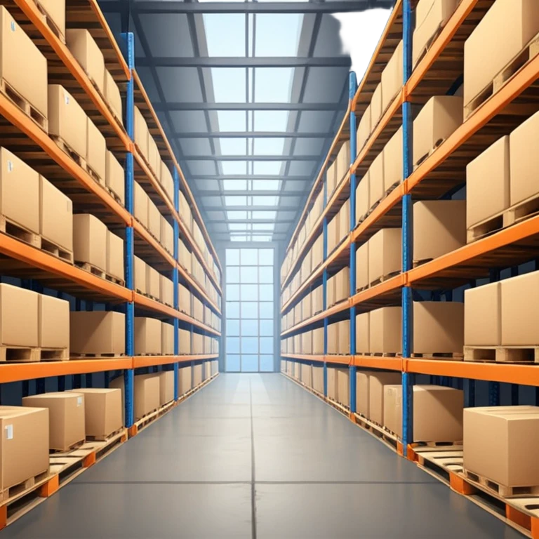 Modern warehouse interior 🏭 ultra-realistic 4K 📸 industrial shelves 📦 pallets stacked neatly 🏗️ soft lighting 💡 realistic shadows 🌑 sharp focus 🔎 cinematic depth 🎬 professional photography ✨ emoji