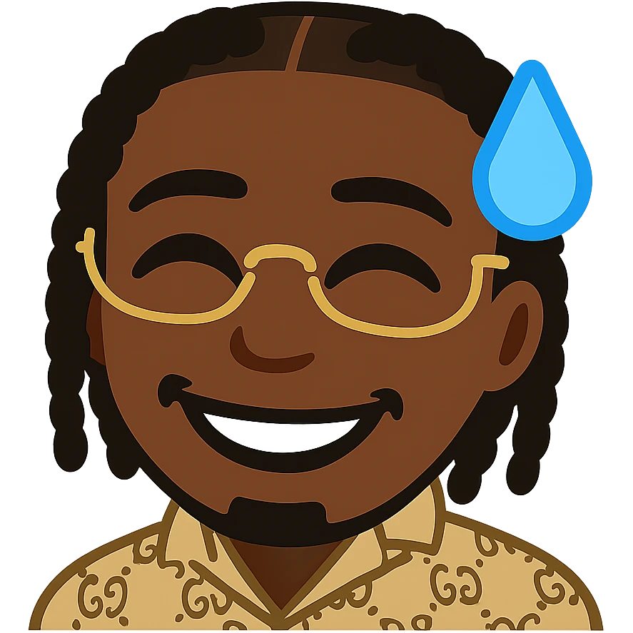 Transform this portrait into a simple and expressive emoji style with a smiling face and a sweat drop (sweat_smile style). The skin tone should be black. The background should be transparent. emoji