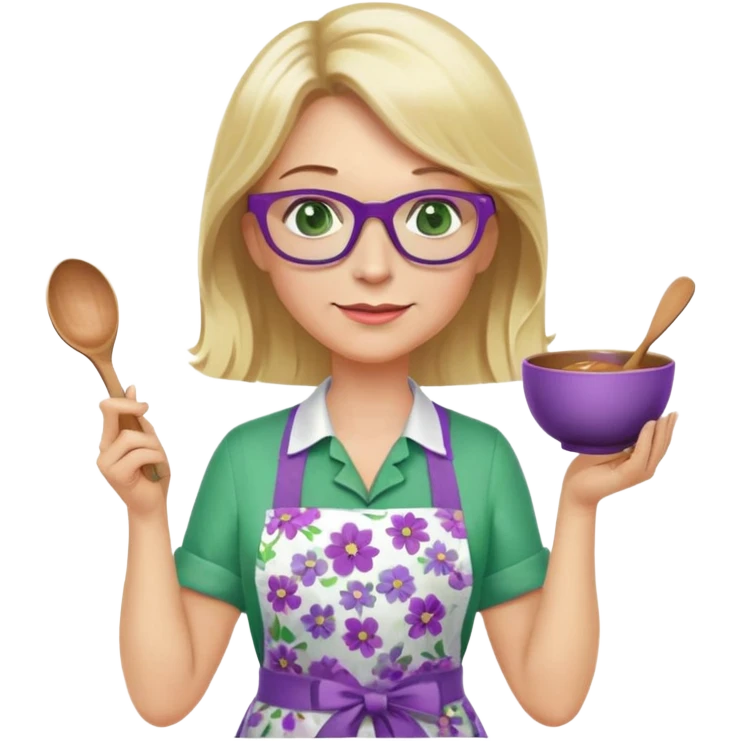 middle aged woman with shoulder length blonde hair, purple glasses, green eyes, wearing a flower apron, holding a bowl in one hand and a mixing spoon in the other emoji