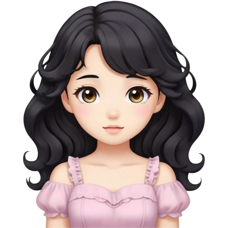 Cute kawaii anime lady with beautiful black wavy hair wearing a gorgeous soft feminine pastel dress emoji