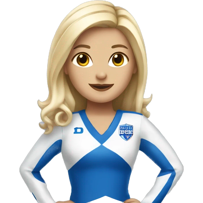 blond cheerleader wearing a blue and white uniform that says “dhs” on it  emoji