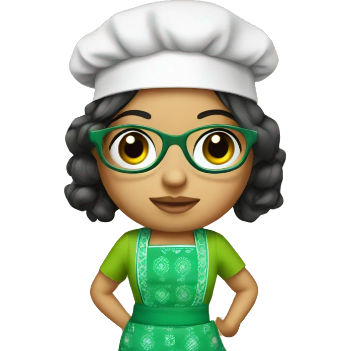 Mexican doll  big eyes green apron  with glasses cooking  emoji