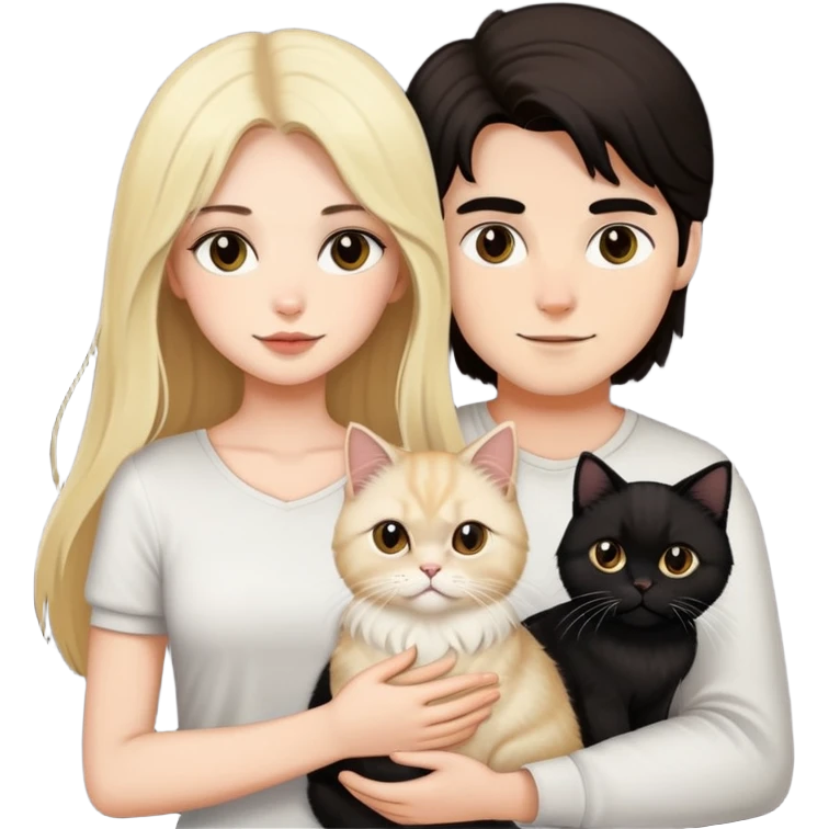pretty girl with long dark hair holding a blonde persian cat beside her boyfriend holding a small black cat emoji