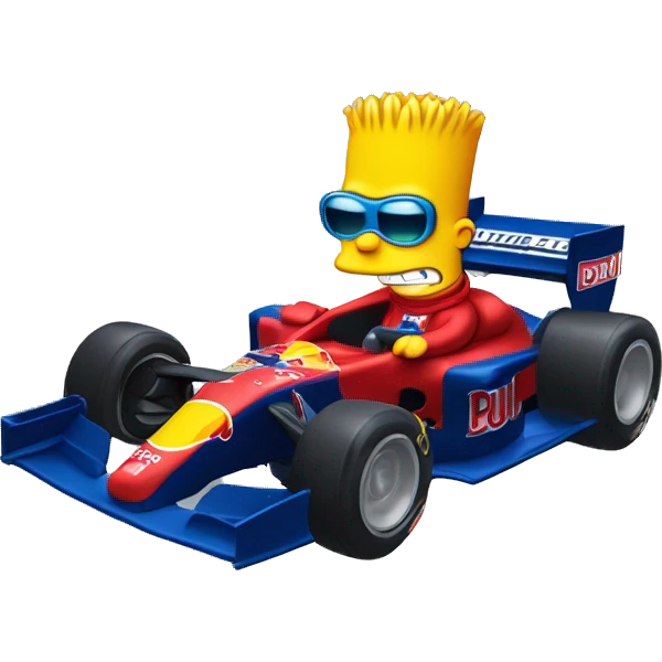 Bart simpson with his helmet but his eyes visivle, driving a red bull in a track of formula 1 emoji