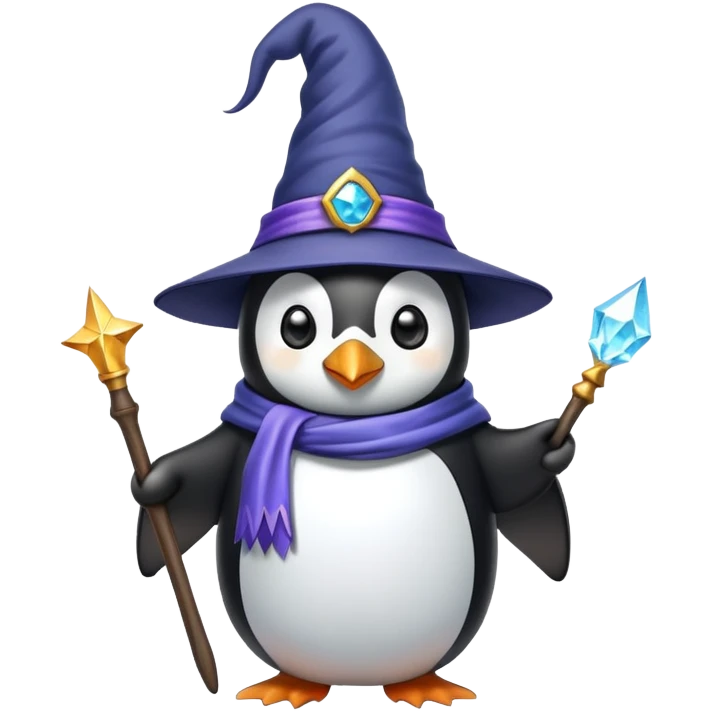 Penguin wizard with magical wand and wizard hat emoji