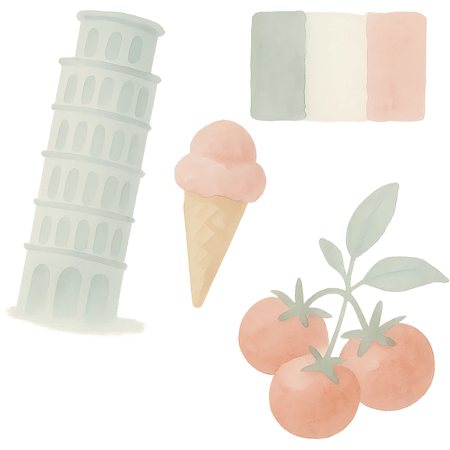 Italian symbols in watercolor style with white, green, and pink pastel tones emoji
