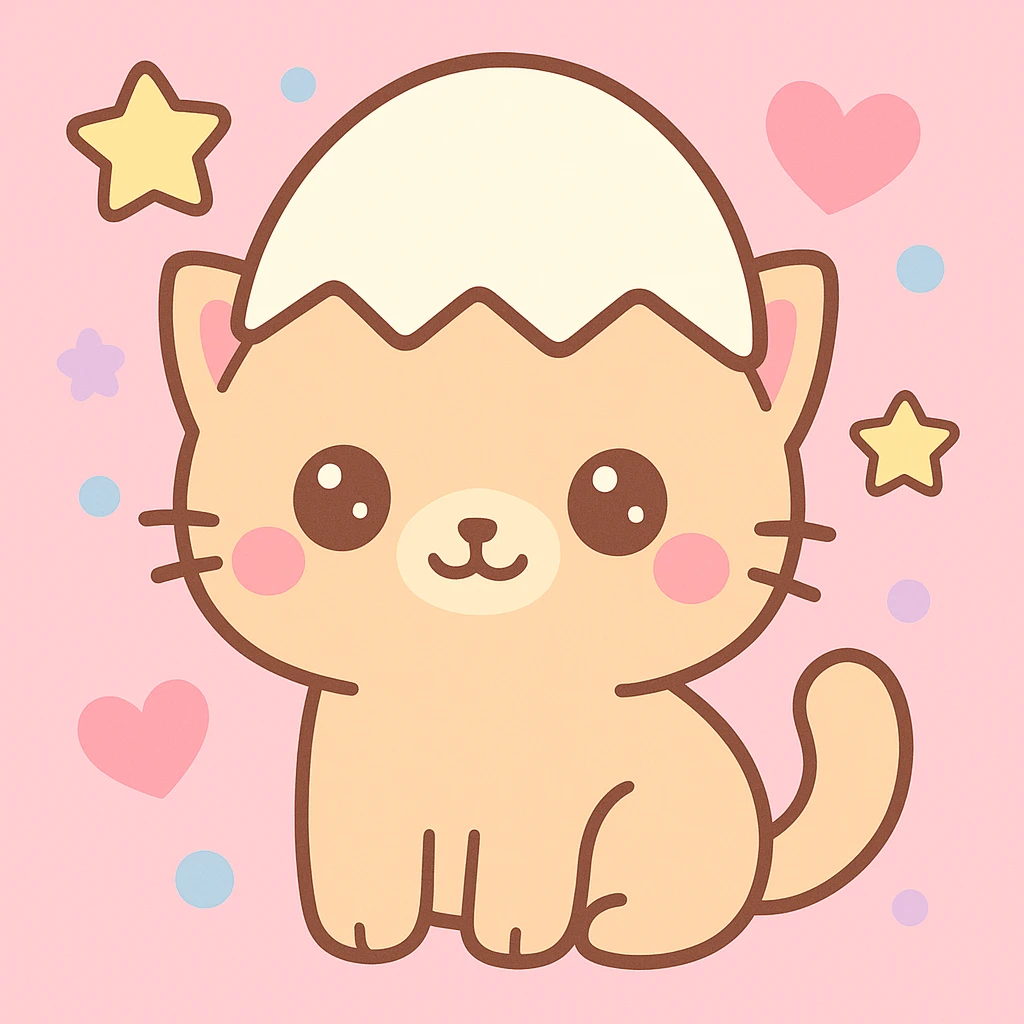 Add a playful, colorful background behind the adorable kitten with an egg hat, in kawaii style. emoji