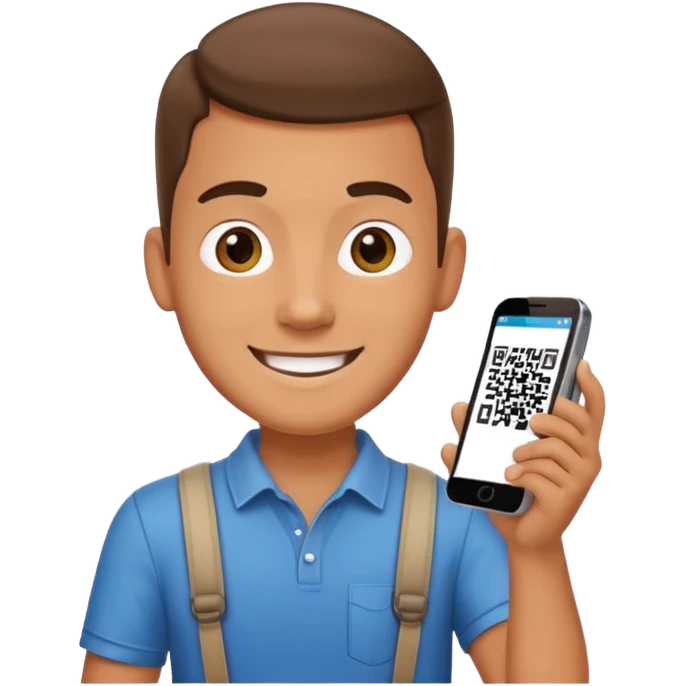 Draw a male tourist who pointed his phone to scan a QR code at a POS terminal for payment. In the style of an Apple emoji emoji