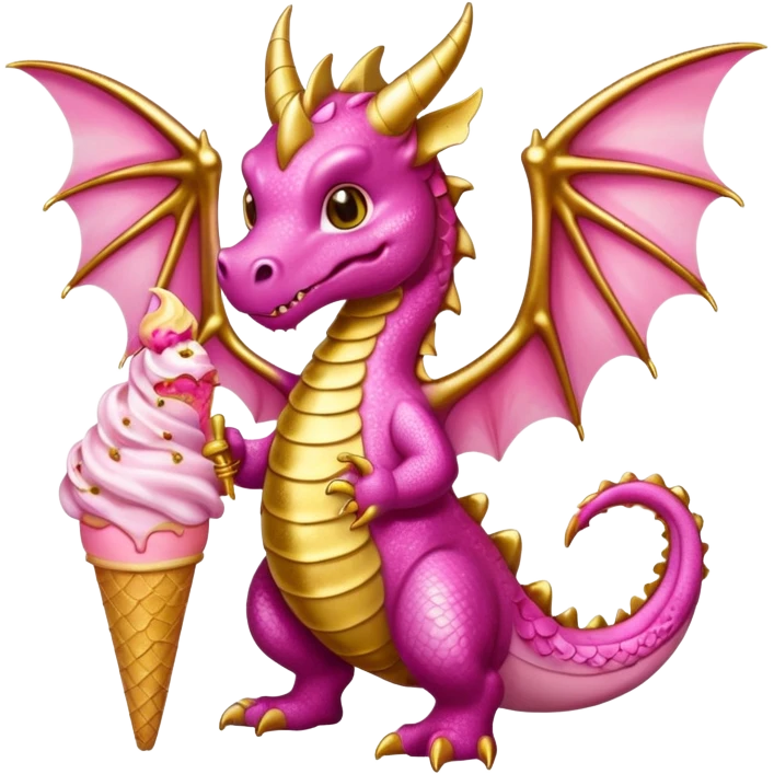 A dragon with its shiny glittered wings in pink tones and pink and gold legs, eats vanilla and chocolate ice cream emoji