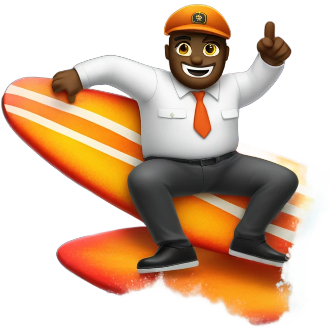 A-train conductor riding a surfboard in an ocean of lava white he makes himself a cocktail emoji