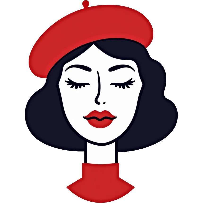 woman with a beret hat and heart-shaped lips, coquette aesthetic emoji